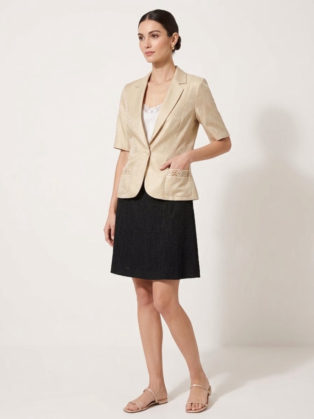 Vintage Albert Nipon Shimmery Gold Short Sleeve Blazer Jacket Lace Pocket Sz 16